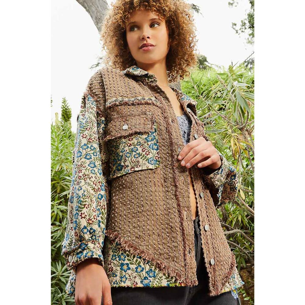 POL Chocolate Multi Oversized Jacquard Tapestry Button Down Floral Print Shacket - Picture 4 of 5